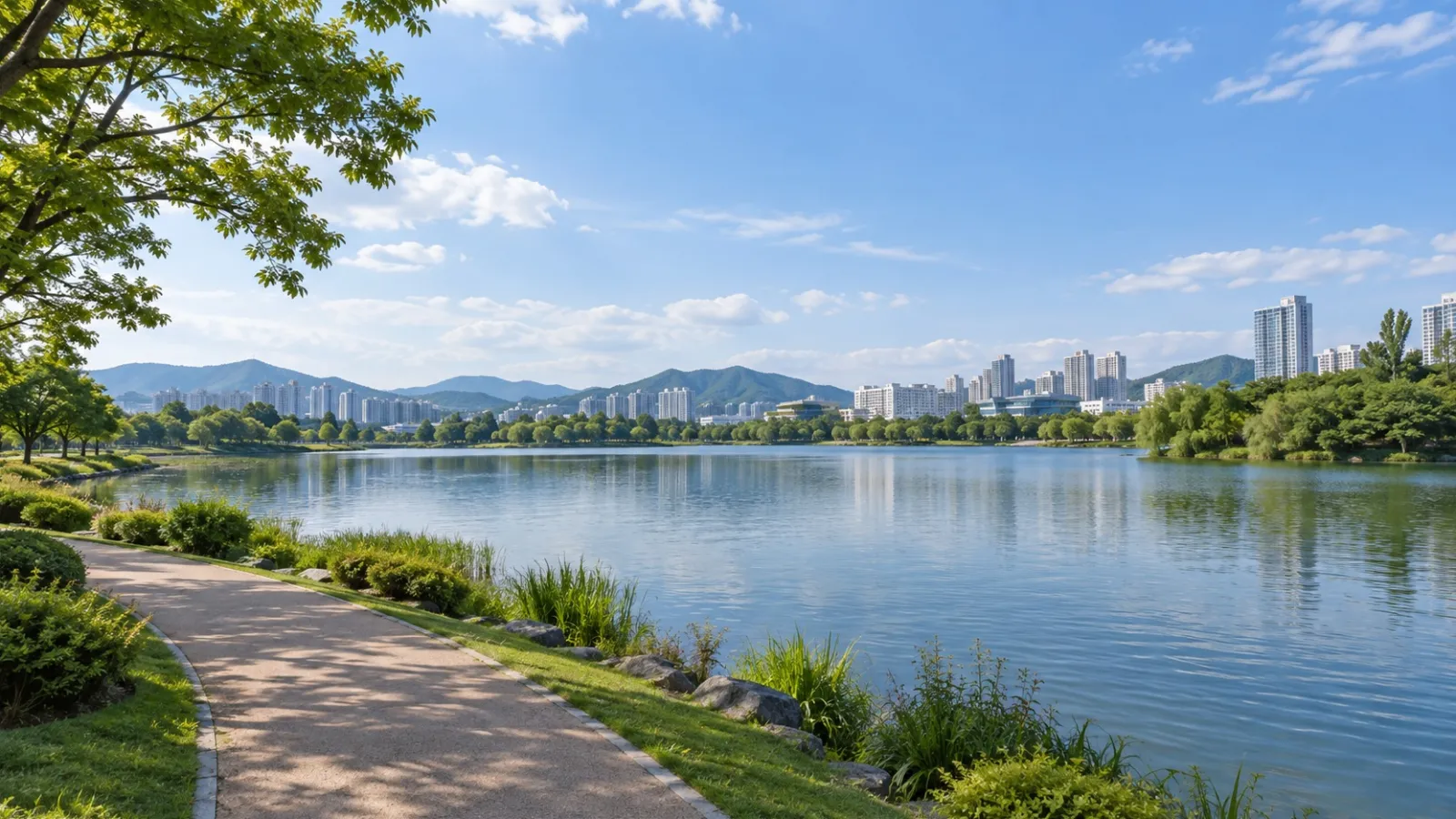 경상남도 창원시 성산구의 도심과 호수공원 특성을 참고한 AI 생성 가상 지역 분위기 이미지. 실제 장소나 학교·학원 건물을 촬영한 사진이 아닙니다.
