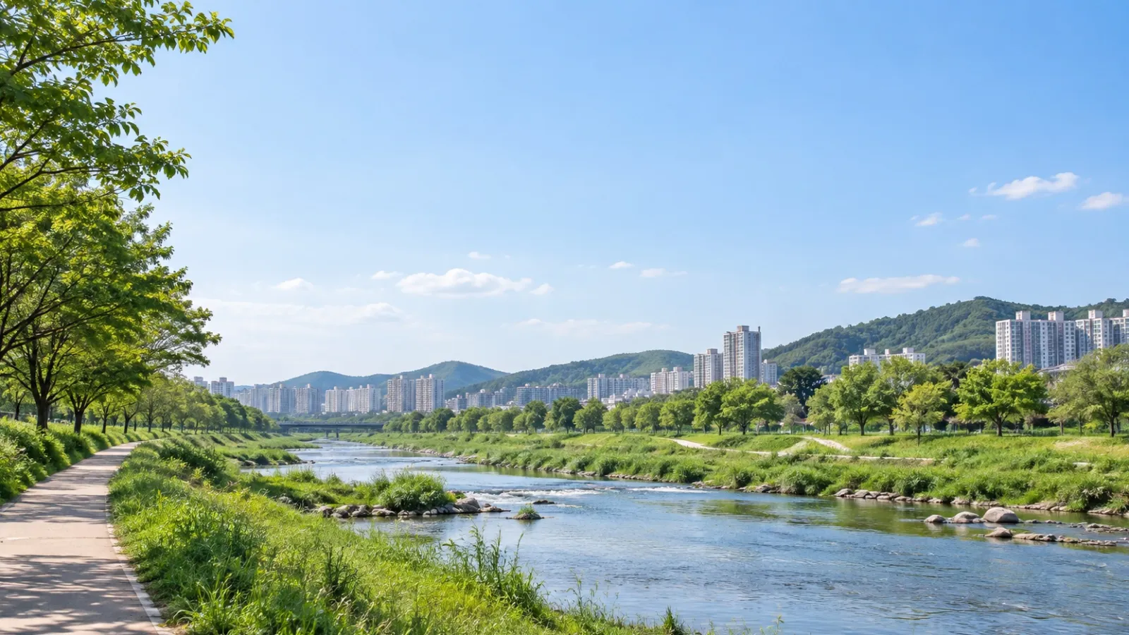충청북도 청주시 서원구의 하천·녹지·도시 지리 특성을 참고한 가상 풍경. 실제 사진이나 학교·학원 건물이 아닌 AI 생성 분위기 이미지입니다.