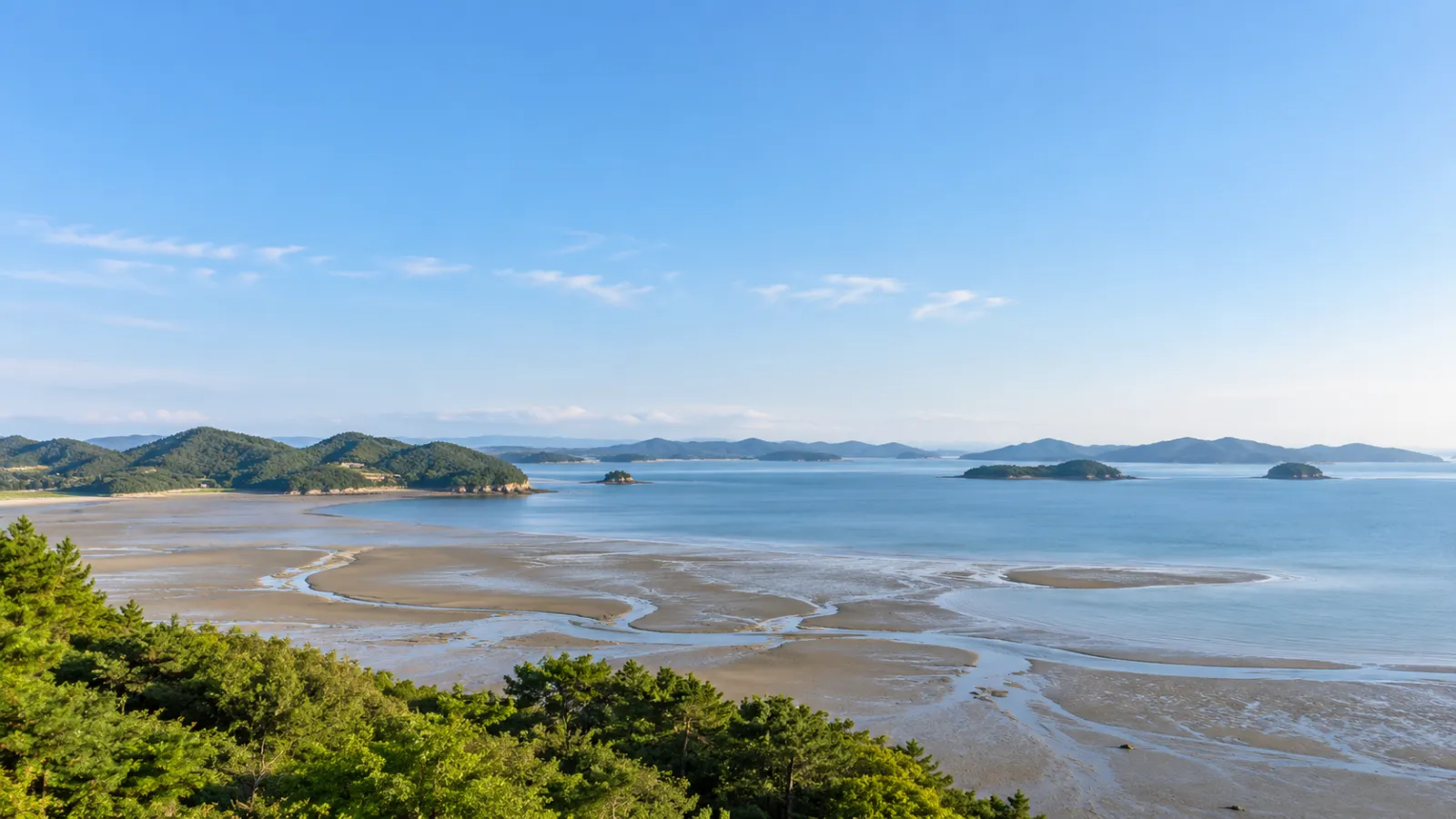 충청남도 홍성군 천수만의 해안과 갯벌 지리 특성을 참고해 만든 가상의 풍경. 넓은 하늘과 잔잔한 바다를 담은 AI 분위기 이미지이며 실제 지역이나 학교·학원 건물을 촬영한 사진이 아닙니다.