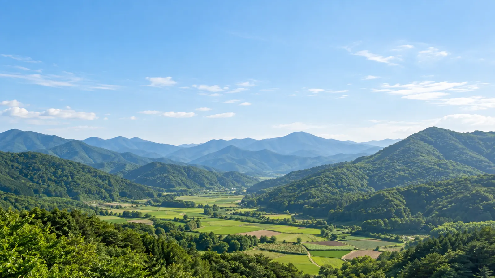 경상북도 영양군의 산간분지와 겹겹이 이어진 산림, 농촌 들판의 지리적 특성을 참고해 만든 AI 분위기 이미지입니다. 실제 장소나 학교·학원 건물을 촬영한 사진이 아닌 가상 풍경입니다.