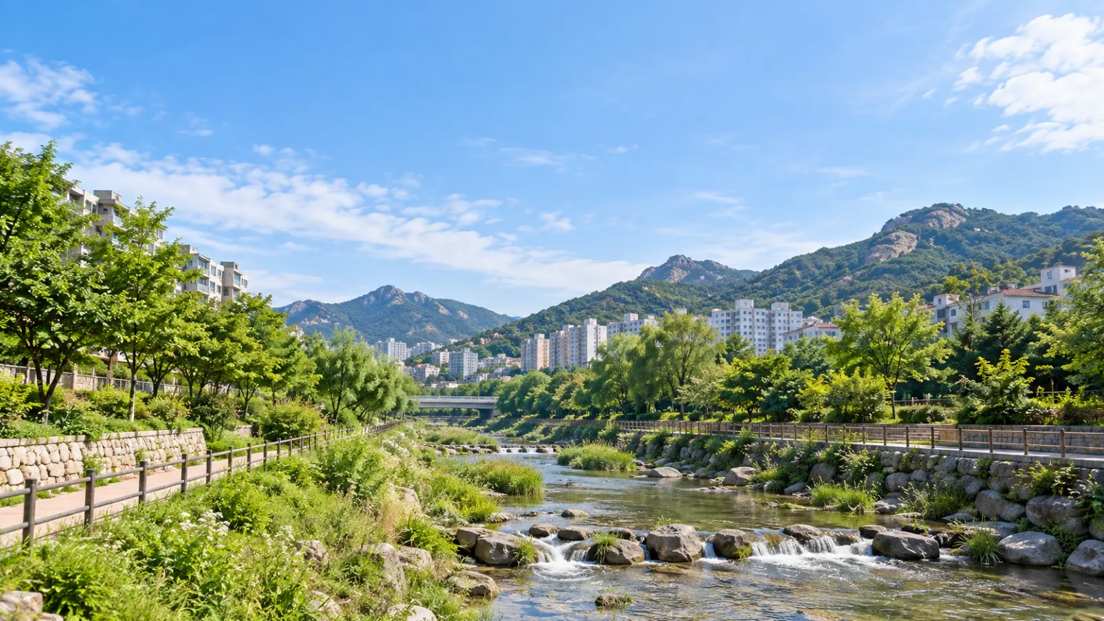 서울특별시 서대문구의 산지 녹지·홍제천·도시 주거지역 특성을 참고해 만든 AI 분위기 이미지. 실제 장소나 학교·학원 건물을 촬영한 사진이 아닌 가상의 하천과 숲, 주거지 장면입니다.