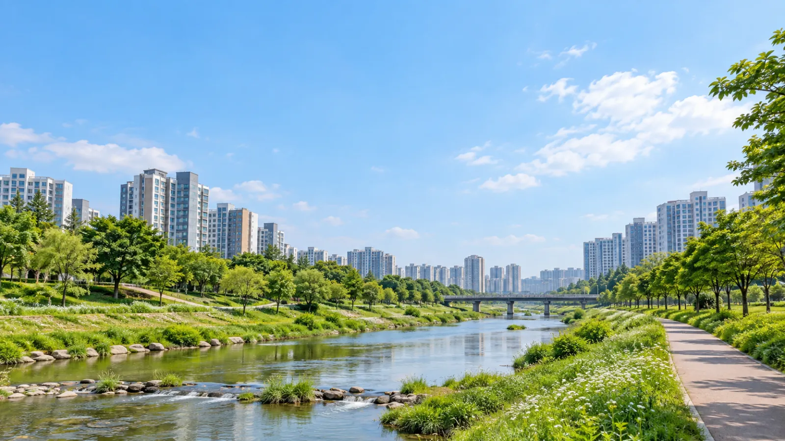 서울특별시 양천구의 안양천과 도시 녹지 특성을 참고해 만든 가상의 하천·산책로·주거지 장면. 실제 지역 사진이나 학교·학원 건물 사진이 아닌 AI 생성 분위기 이미지입니다.