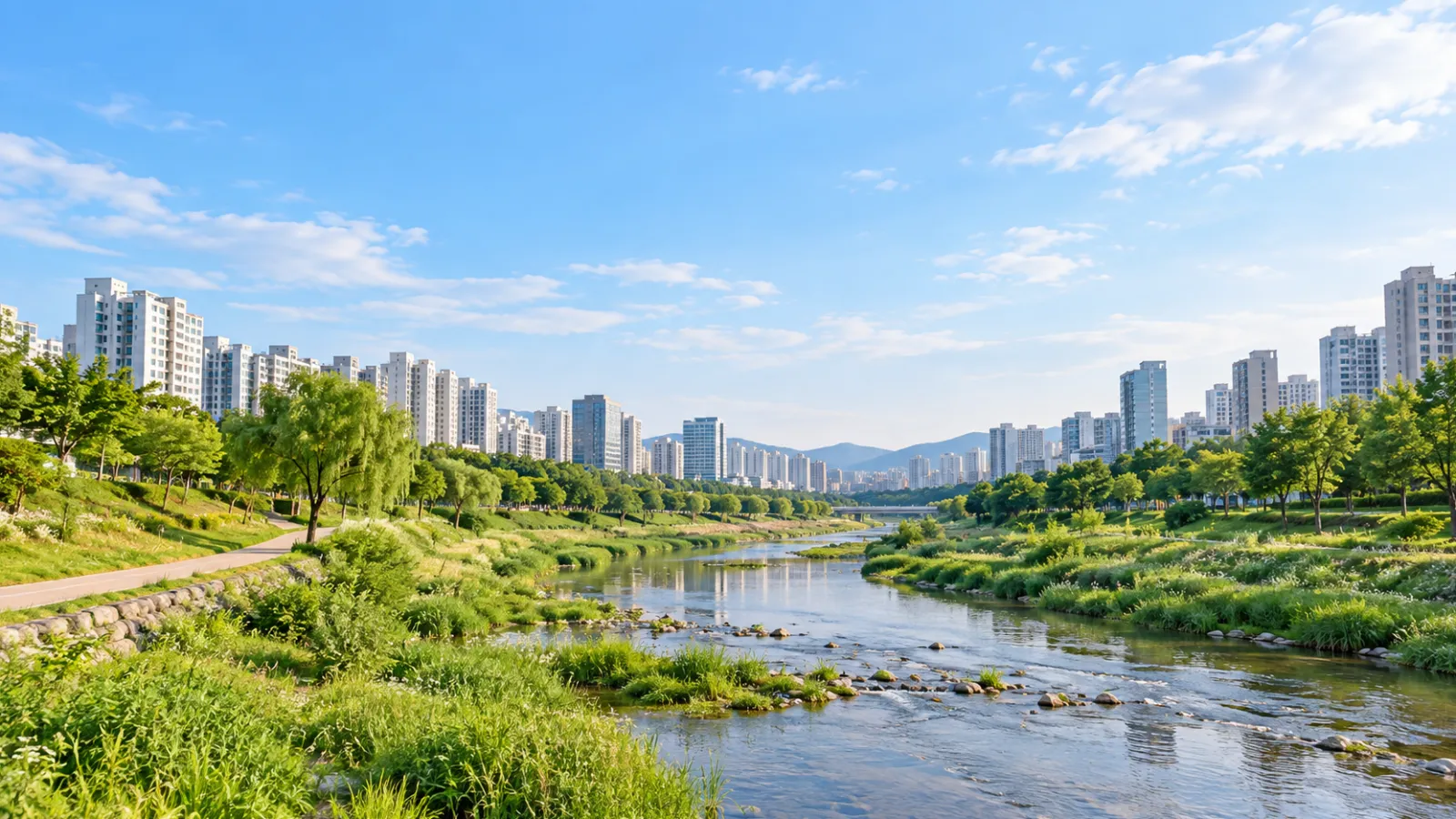 서울특별시 금천구의 안양천과 도시 녹지 특성을 참고해 만든 가상 지역 장면. 실제 사진이 아닌 AI 생성 분위기 이미지이며 실제 학교·학원 건물을 묘사하지 않습니다.