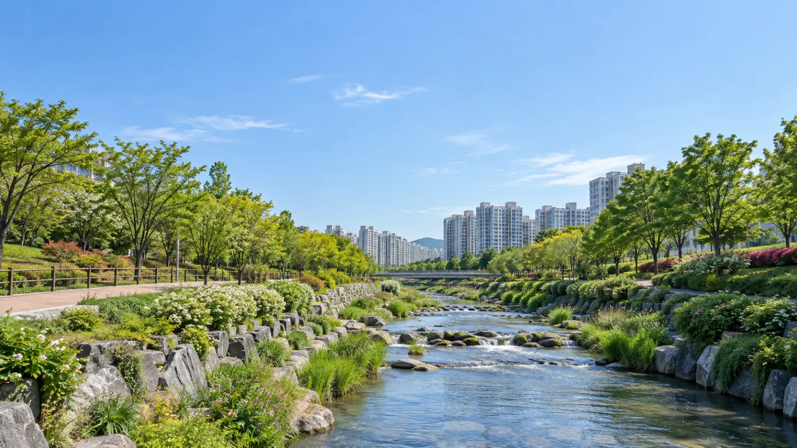 부산광역시 동래구의 온천천과 도심 산책로 분위기를 참고해 만든 가상 지역 장면. 실제 장소나 학교·학원 건물을 촬영한 사진이 아닌 AI 생성 분위기 이미지.