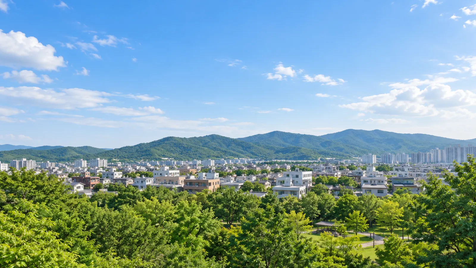 대구광역시 서구의 도심과 와룡산 주변 지리 특성을 참고하여 만든 가상 도시 풍경. 실제 사진이나 학교·학원 건물이 아닌 AI 생성 지역 분위기 이미지입니다.