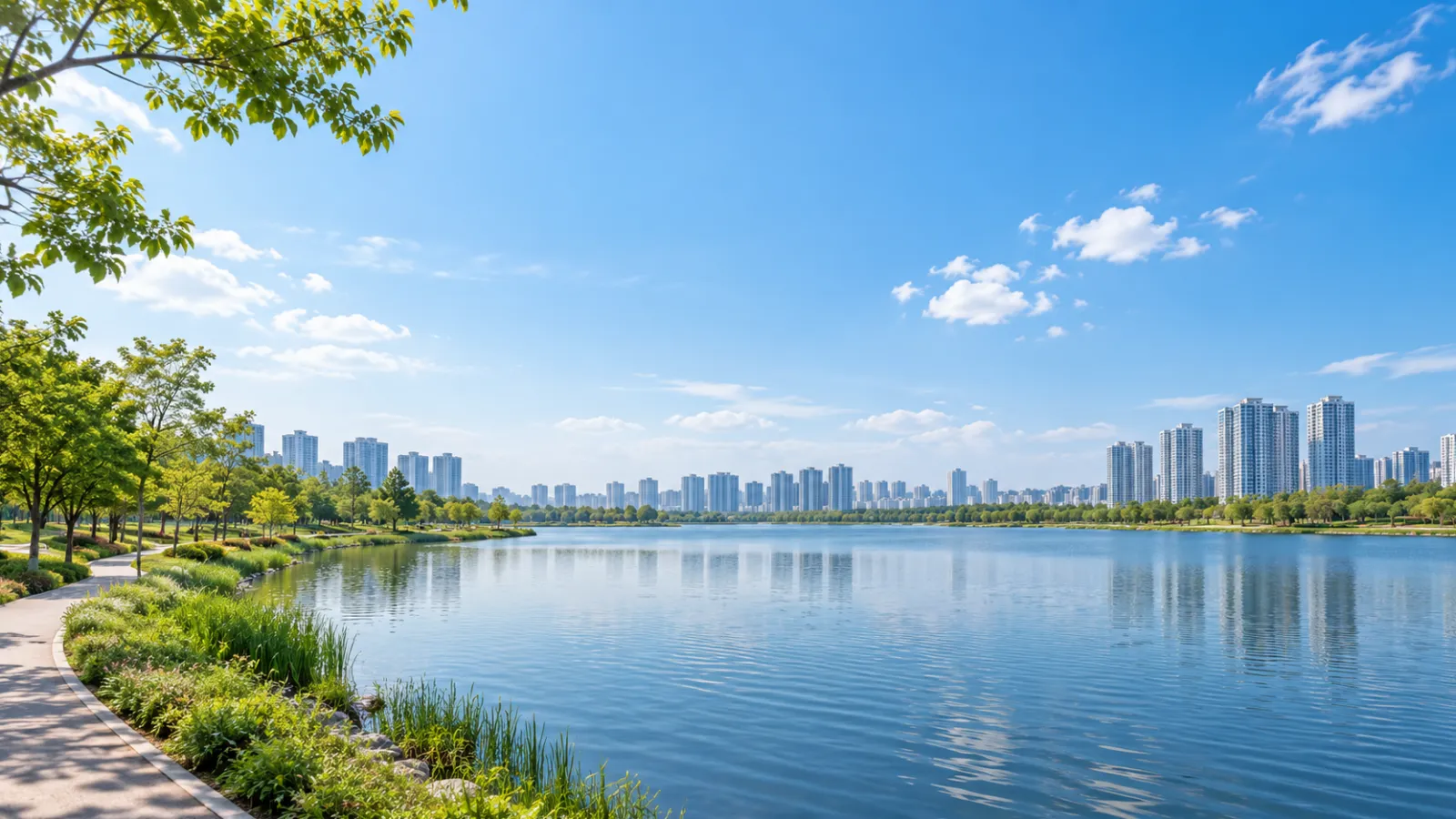 인천광역시 서구 청라의 호수와 수변공원 등 지리 특성을 참고해 만든 가상의 도시 수변 장면. 실제 장소나 학교·학원 건물의 사진이 아닌 AI 생성 분위기 이미지입니다.