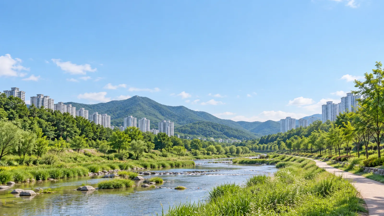 경기도 용인시 수지구의 산림과 도시 주거환경, 하천변 산책로 특성을 참고해 만든 AI 분위기 이미지입니다. 실제 장소나 학교·학원 건물을 촬영한 사진이 아닌 가상 풍경입니다.