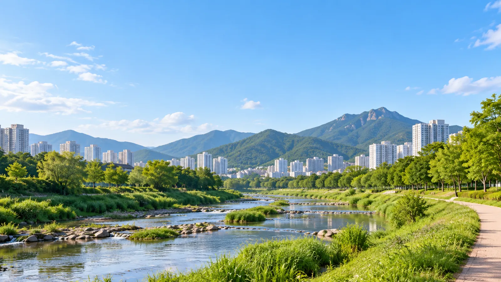 경기도 안양시의 하천과 주변 산지, 도시 경관의 지리 특성을 참고해 AI로 생성한 가상의 지역 분위기 이미지입니다. 실제 장소나 학교·학원 건물을 촬영한 사진이 아닙니다.
