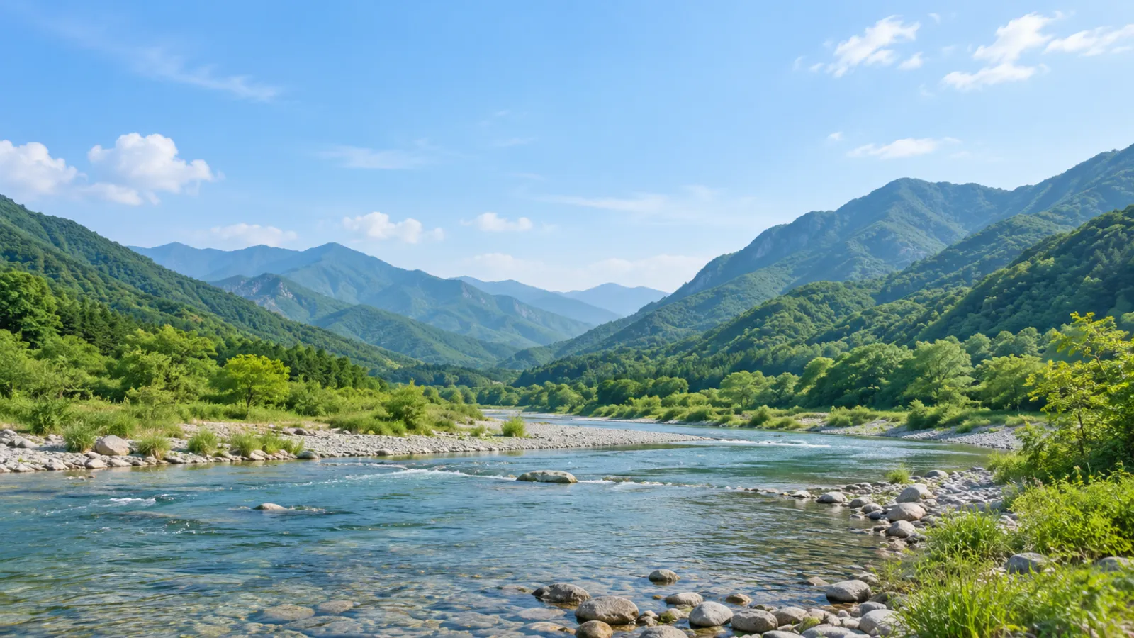 경상남도 산청군의 산악 지형과 경호강의 지리적 특성을 참고하여 만든 AI 지역 분위기 이미지. 자연광 아래 산과 맑은 강이 어우러진 가상 장면이며 실제 장소나 학교·학원 건물을 촬영한 사진이 아닙니다.