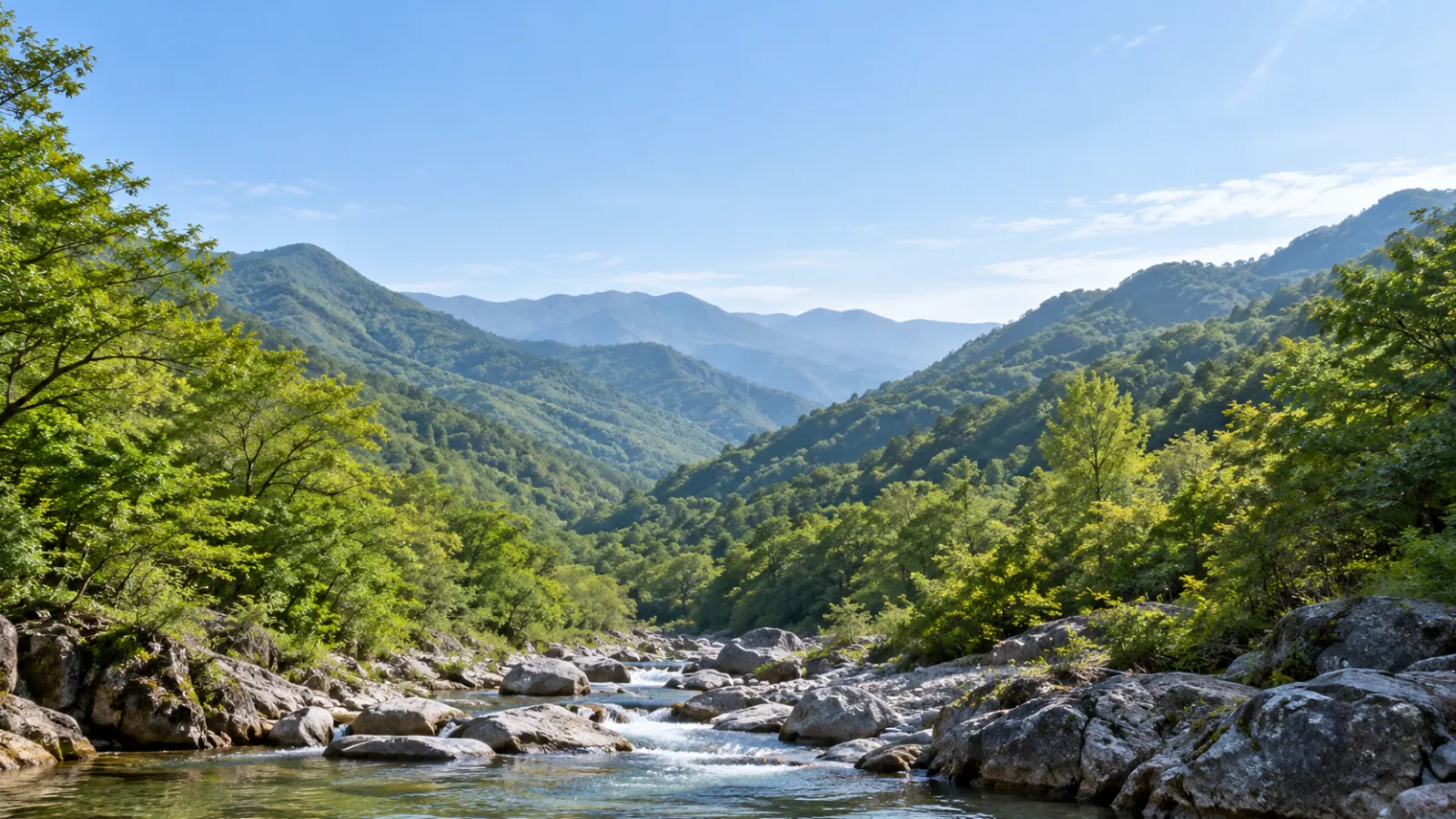 전북특별자치도 무주군의 산악·계곡 지형을 참고해 만든 가상의 산림과 맑은 계곡 풍경. 실제 장소나 학교·학원 건물의 사진이 아닌 AI 생성 지역 분위기 이미지.