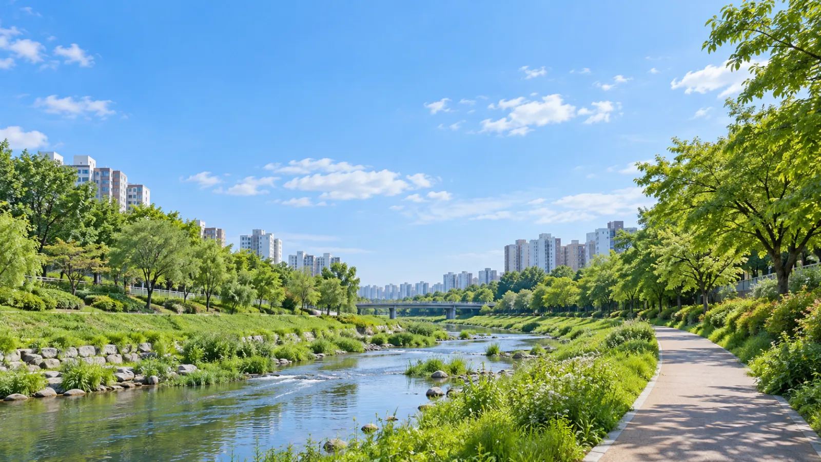 인천광역시 부평구의 굴포천과 도심 녹지 특성을 참고해 만든 가상의 하천·산책길·도시 풍경. 실제 장소나 학교·학원 건물을 촬영한 사진이 아닌 AI 생성 지역 분위기 이미지.