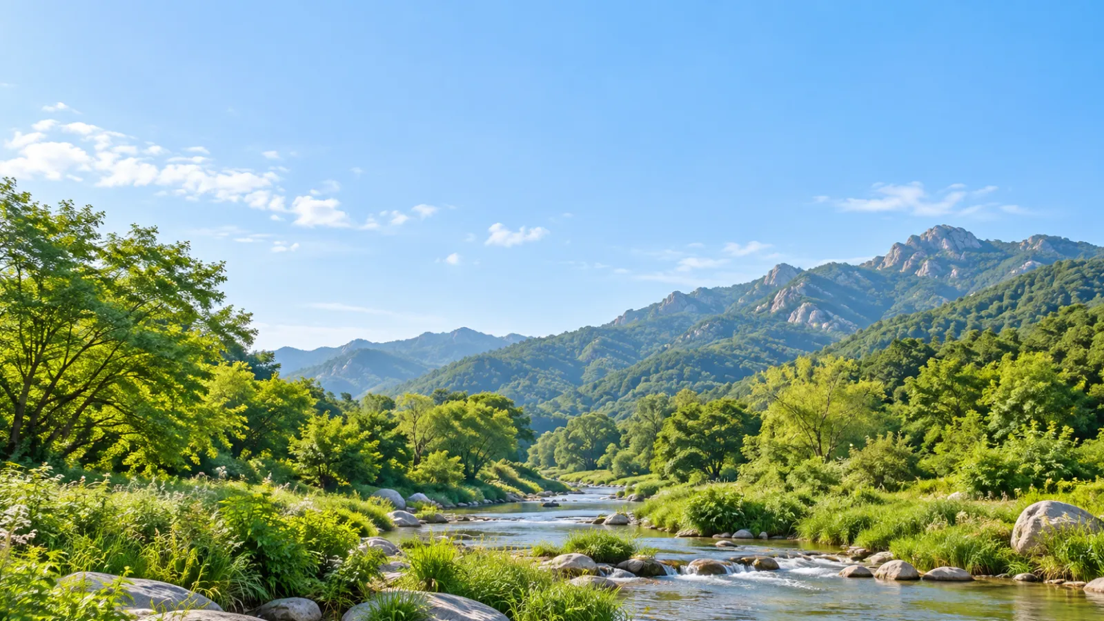 경기도 고양시 덕양구의 북한산과 창릉천 지형을 참고해 산 능선과 하천 녹지를 표현한 AI 생성 가상 지역 분위기 이미지입니다. 실제 장소나 학교·학원 건물을 촬영한 사진이 아닙니다.