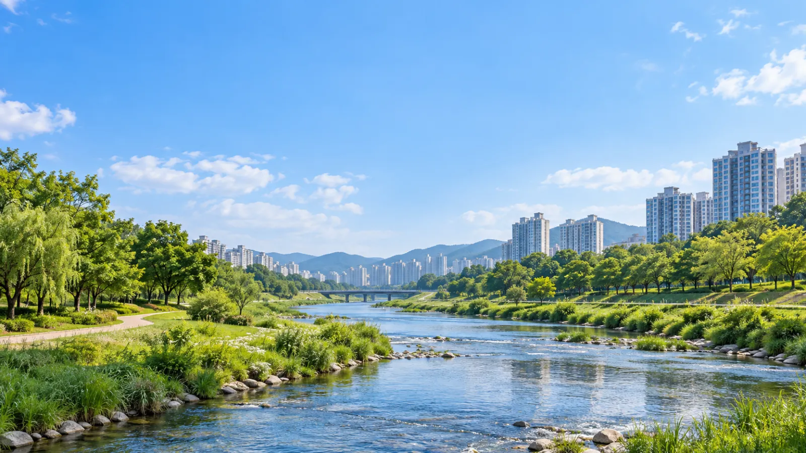 경기도 성남시 분당구의 탄천과 녹지, 도시 주거지 특성을 참고해 AI로 생성한 가상의 지역 분위기 이미지입니다. 실제 장소나 학교·학원 건물을 촬영한 사진이 아닙니다.