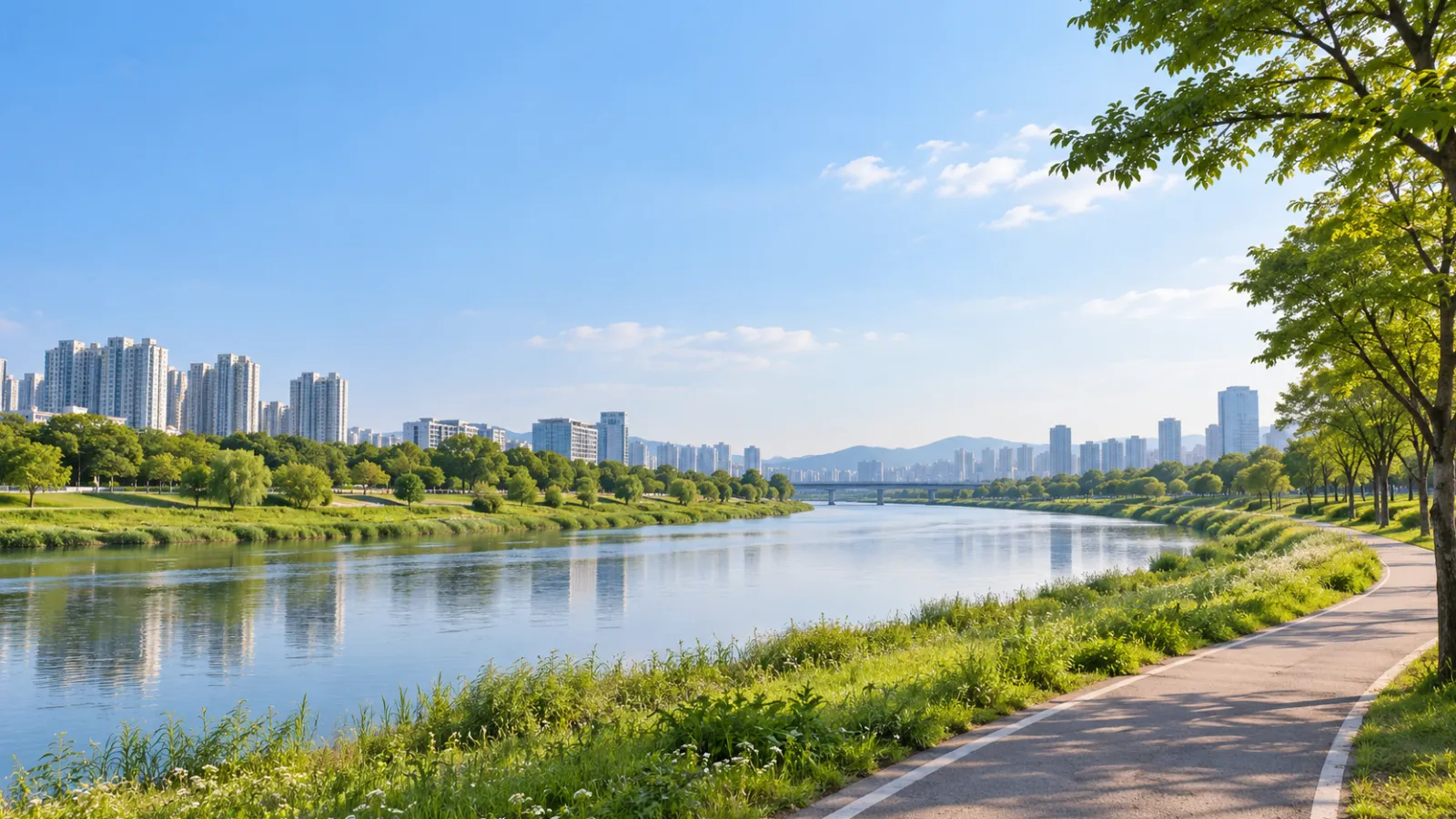 대전광역시 서구의 갑천변과 도시 녹지 특성을 참고해 AI로 생성한 가상의 지역 분위기 이미지. 실제 사진이나 특정 학교·학원 건물이 아니며, 밝은 자연광 아래 하천과 산책로, 녹지와 먼 도시 건물이 어우러진 풍경.