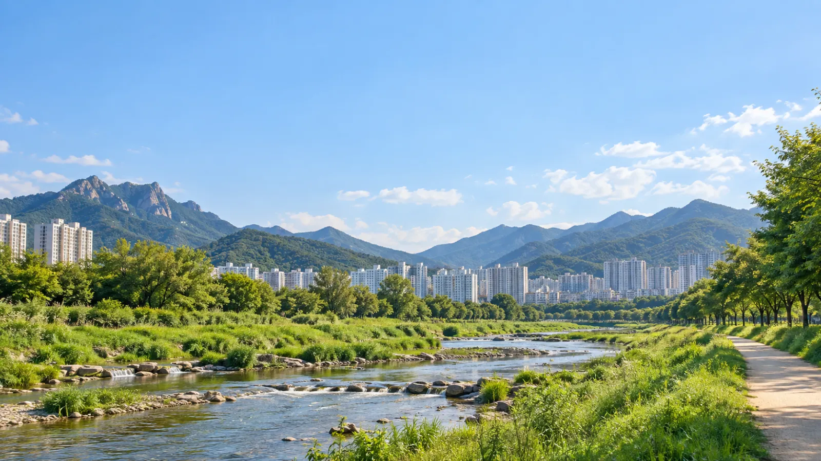 경기도 의정부시의 산과 도심 하천 지형을 참고해 만든 실사 느낌의 AI 분위기 이미지. 실제 사진이 아닌 가상 장면으로, 자연광 아래 하천과 녹지, 먼 도시와 산 능선을 표현했습니다.