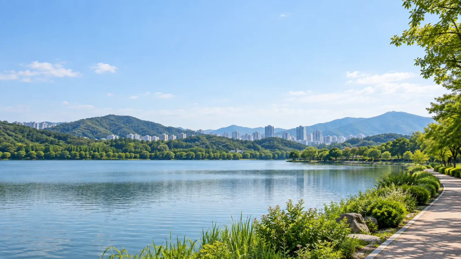 대구광역시 수성구의 호수공원과 주변 산림·도시 지리 특성을 참고해 만든 AI 분위기 이미지입니다. 실제 사진이나 특정 학교·학원 건물이 아닌 가상의 호수와 녹지 풍경입니다.