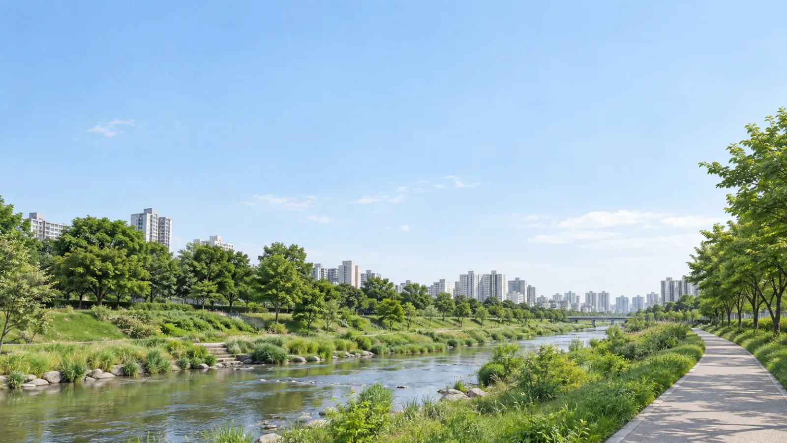 서울특별시 동대문구 중랑천의 도시 하천과 수변 녹지 특성을 참고한 가상의 지역 풍경. 실제 사진이나 학교·학원 건물이 아닌 AI 생성 분위기 이미지입니다.