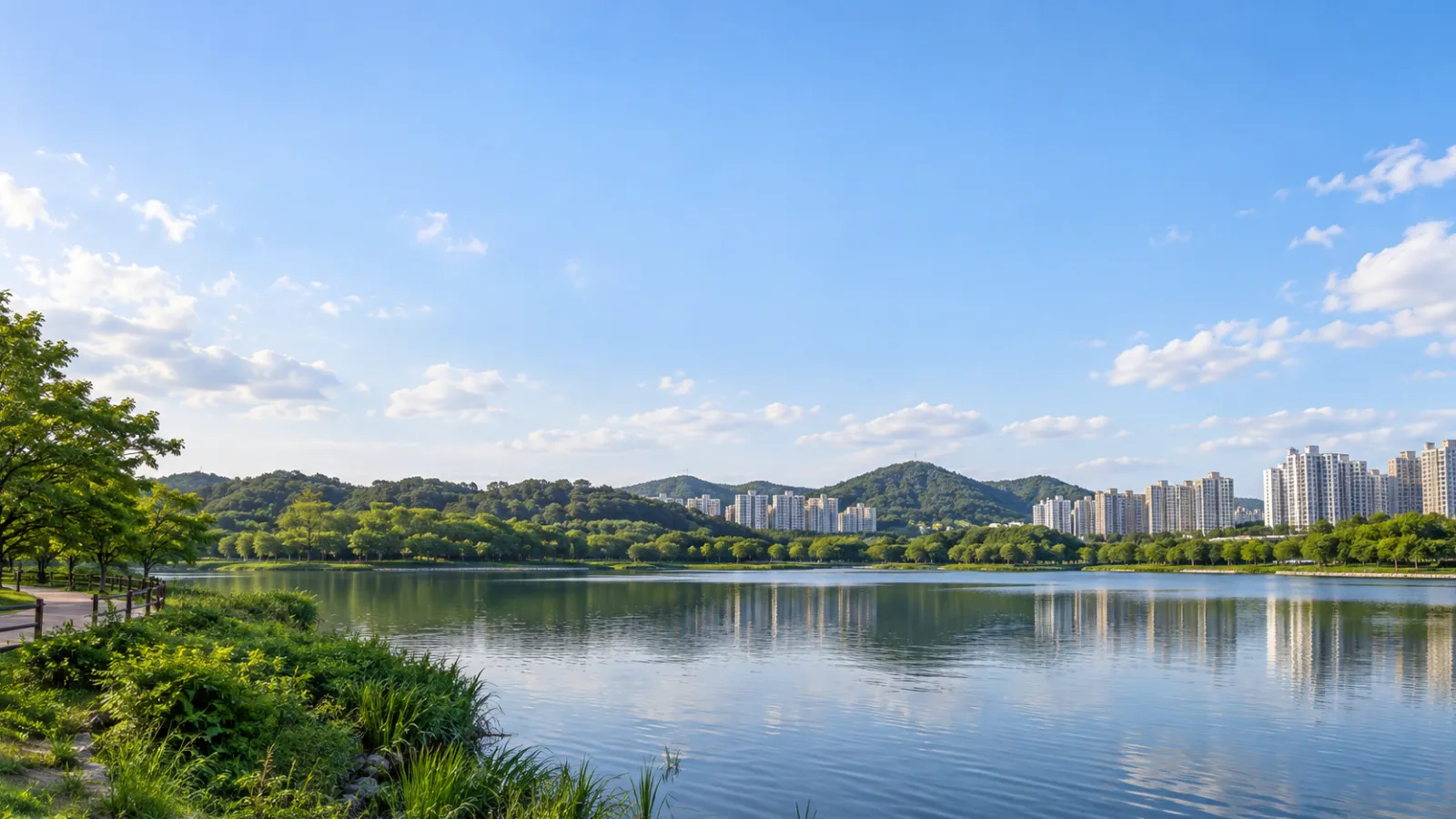 광주광역시 서구의 호수·녹지·도시 주거 환경을 참고해 만든 가상 지역 장면으로, 실제 장소나 학교·학원 건물을 촬영한 사진이 아닌 AI 생성 분위기 이미지입니다.