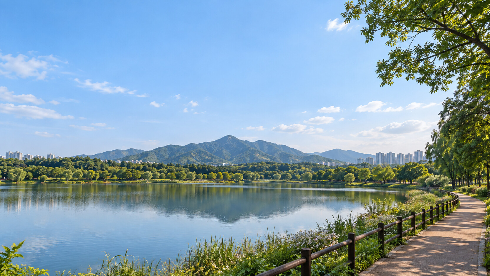 경기도 수원시 장안구의 산자락과 도심 수변공원 지리 특성을 참고한 가상 풍경. 실제 사진이 아닌 AI 생성 지역 분위기 이미지입니다.