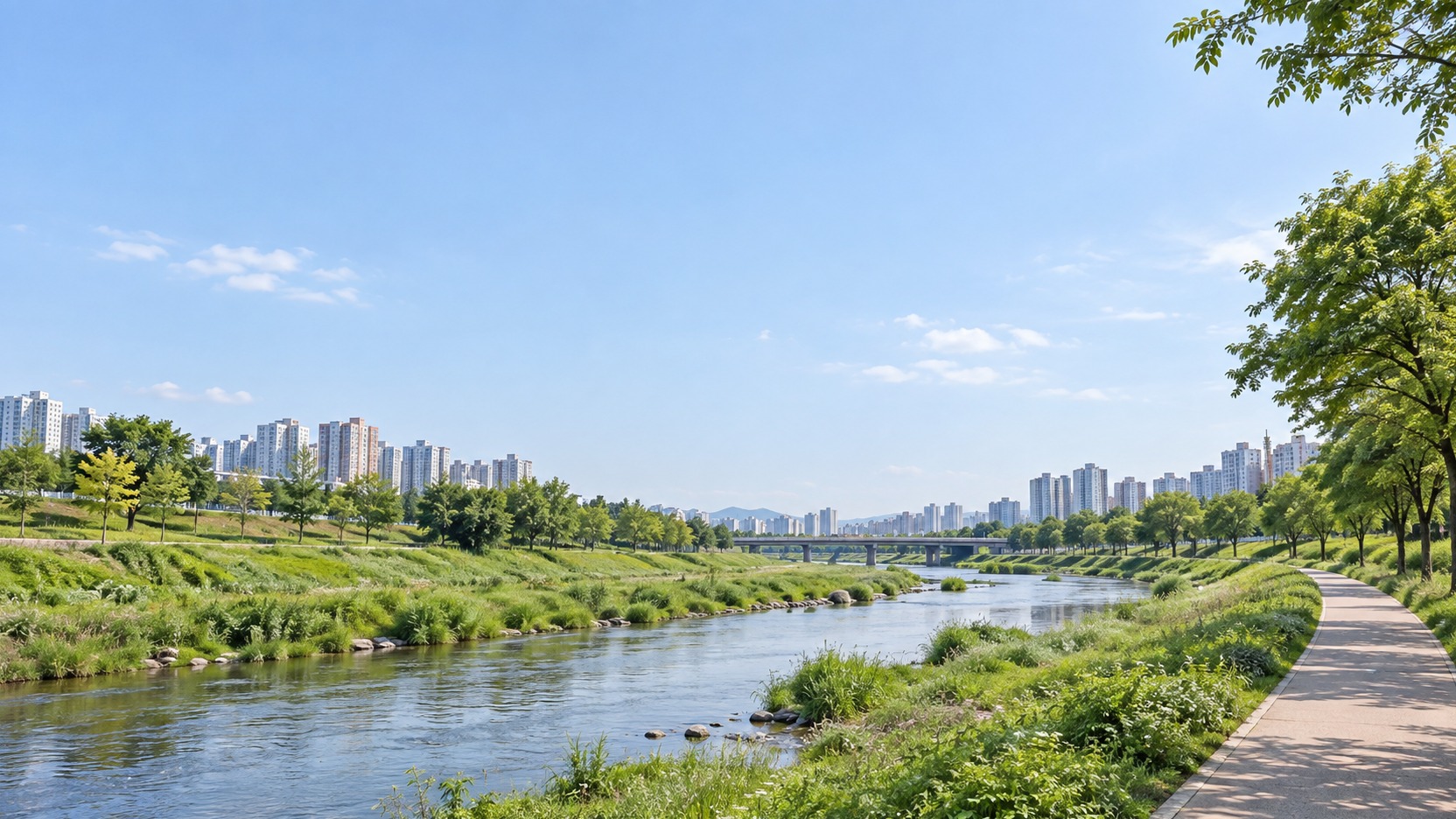 경기도 오산시의 도심 하천과 수변 녹지 특성을 참고해 만든 AI 분위기 이미지. 밝은 자연광 아래 하천과 산책로, 가상의 도시 배경을 표현했으며 실제 사진이나 특정 학교·학원 건물이 아닙니다.