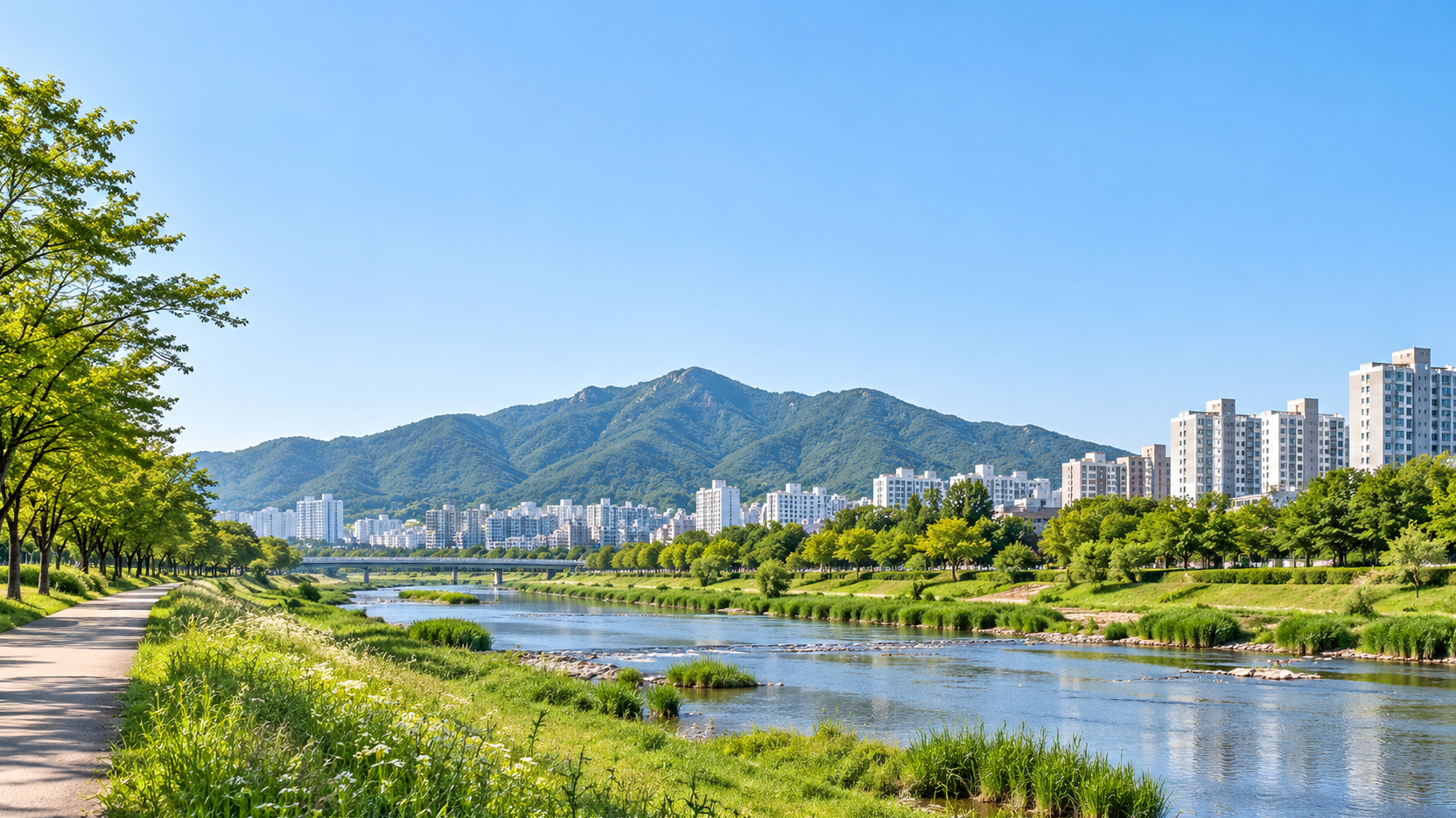 대구광역시 남구의 앞산과 신천 등 지리 특성을 참고해 산과 하천, 도시 주거지가 어우러진 가상 장면을 표현한 AI 분위기 이미지입니다. 실제 지역 사진이나 학교·학원 건물 사진이 아닙니다.