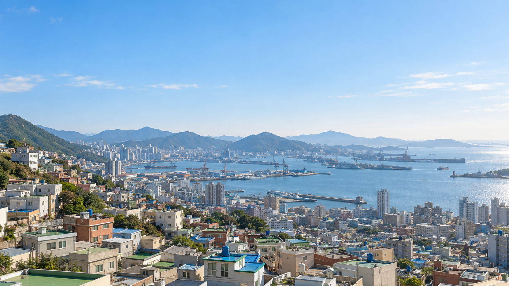 부산광역시 동구의 산과 바다에 접한 도시 지형을 참고해 언덕 주거지와 항만 바다를 가상으로 표현한 AI 분위기 이미지입니다. 실제 지역 사진이나 학교·학원 건물 사진이 아닙니다.