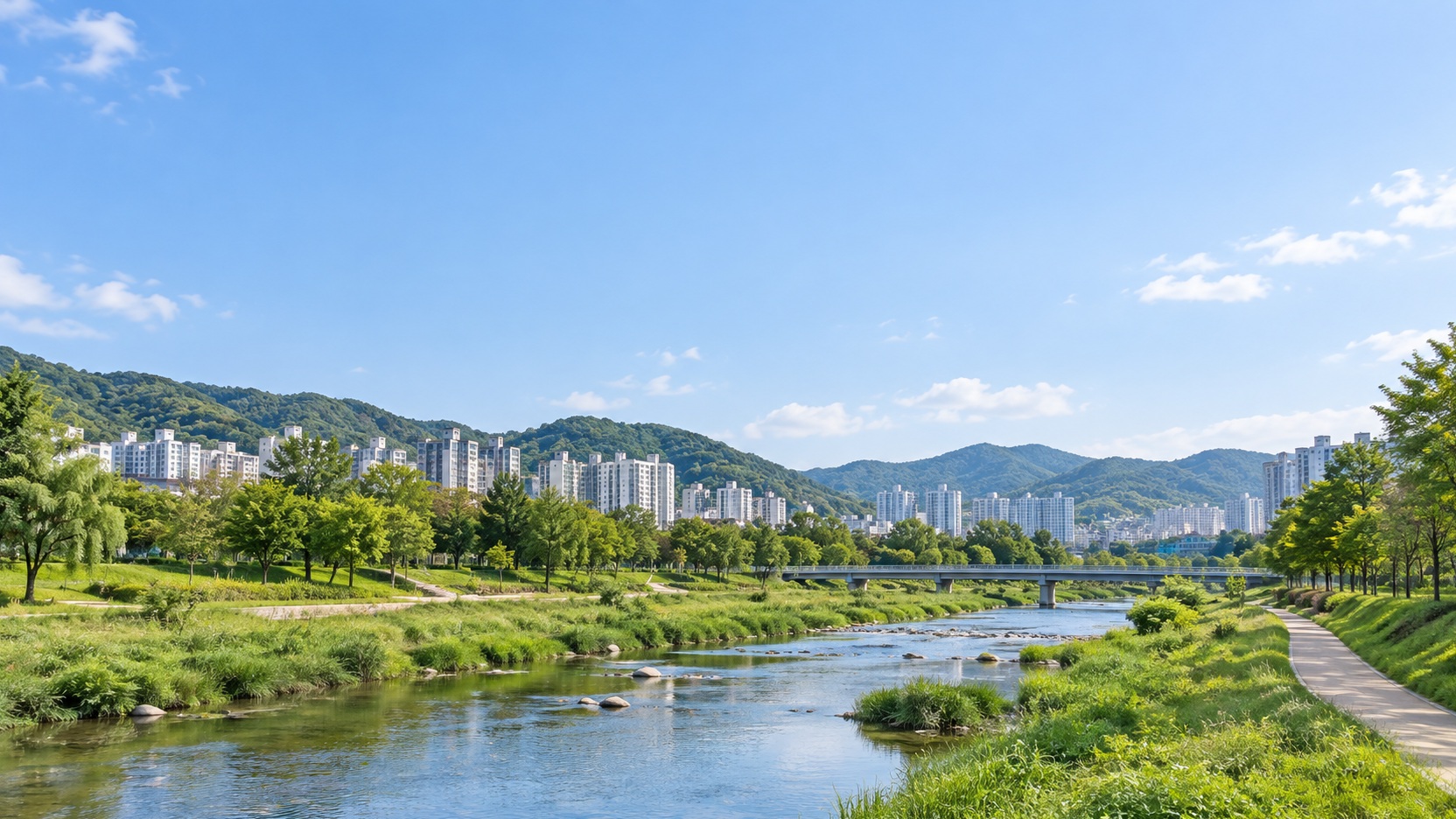 경기도 성남시의 탄천과 수변 녹지, 도시 및 주변 구릉을 참고한 AI 가상 지역 분위기 이미지. 실제 사진이나 실제 학교·학원 건물이 아닙니다.