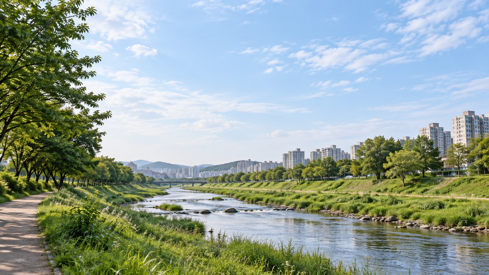 청주시 도심 하천과 녹지를 참고해 만든 AI 분위기 이미지. 실제 사진이 아닌 가상 풍경이며 실제 학교나 학원 건물을 재현하지 않았습니다.