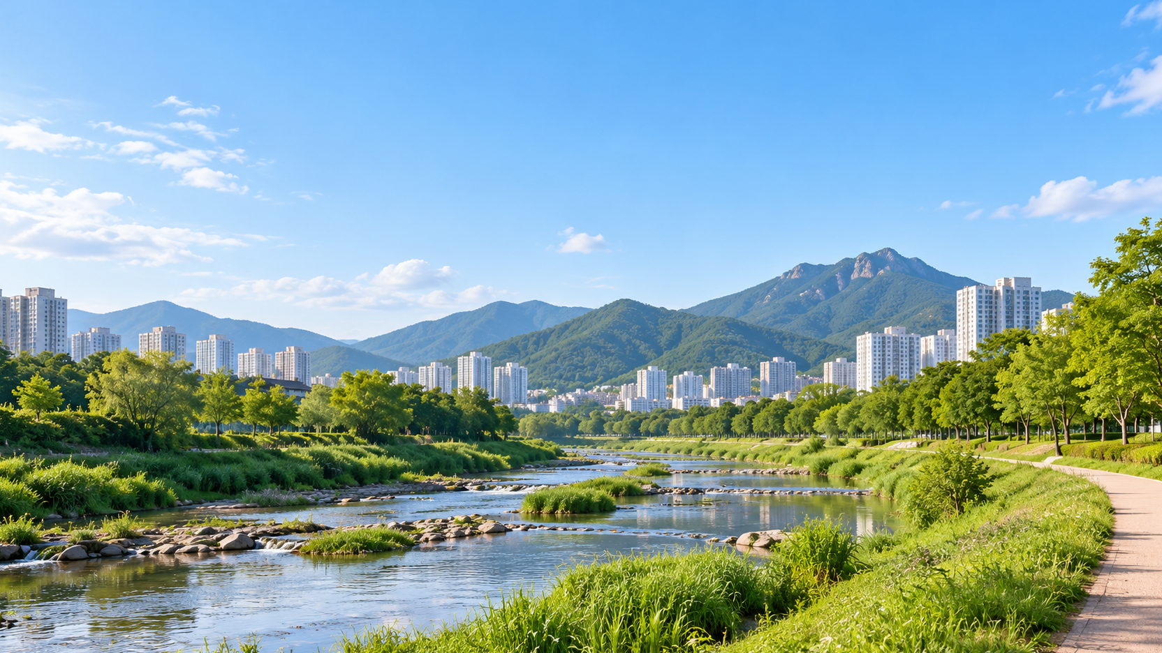 경기도 안양시의 하천과 주변 산지, 도시 경관의 지리 특성을 참고해 AI로 생성한 가상의 지역 분위기 이미지입니다. 실제 장소나 학교·학원 건물을 촬영한 사진이 아닙니다.