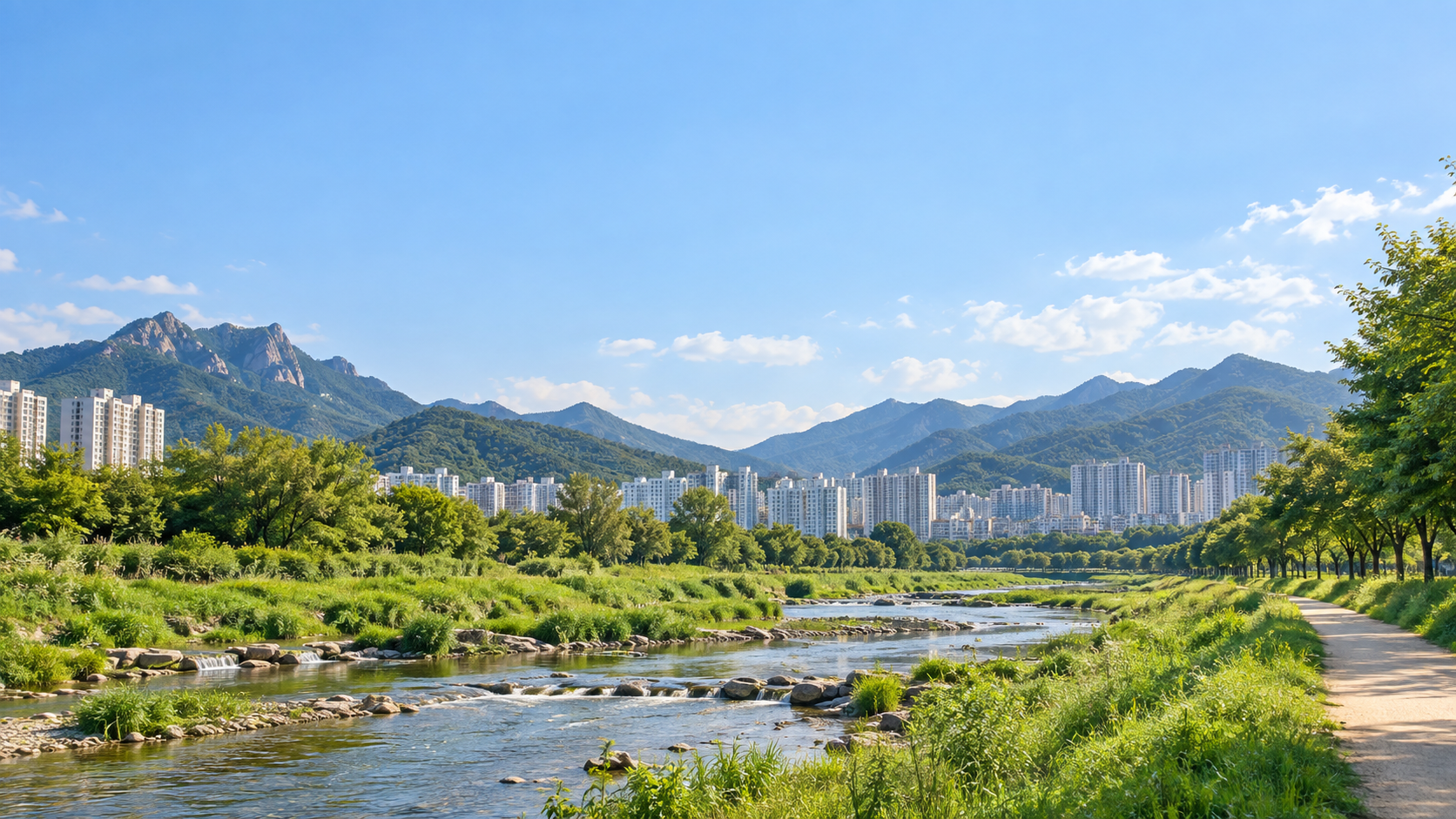 경기도 의정부시의 산과 도심 하천 지형을 참고해 만든 실사 느낌의 AI 분위기 이미지. 실제 사진이 아닌 가상 장면으로, 자연광 아래 하천과 녹지, 먼 도시와 산 능선을 표현했습니다.