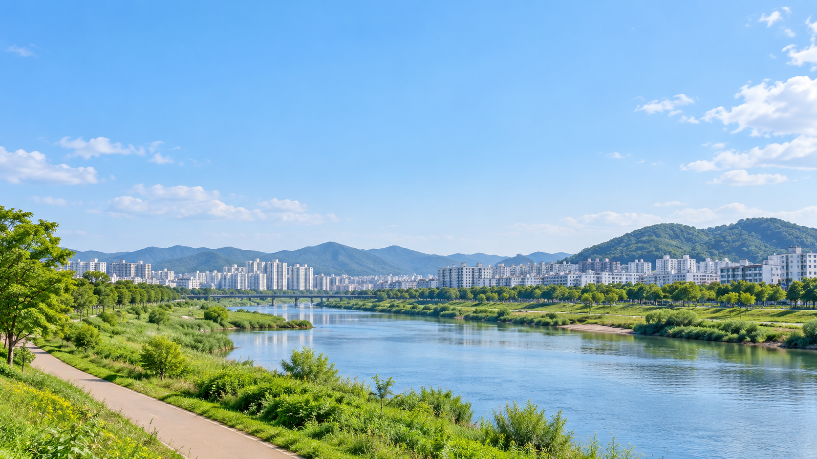 대구광역시 북구의 금호강과 도심 주변 산세를 참고하여 만든 AI 가상 지역 분위기 이미지입니다. 실제 장소나 학교·학원 건물을 촬영한 사진이 아닙니다.