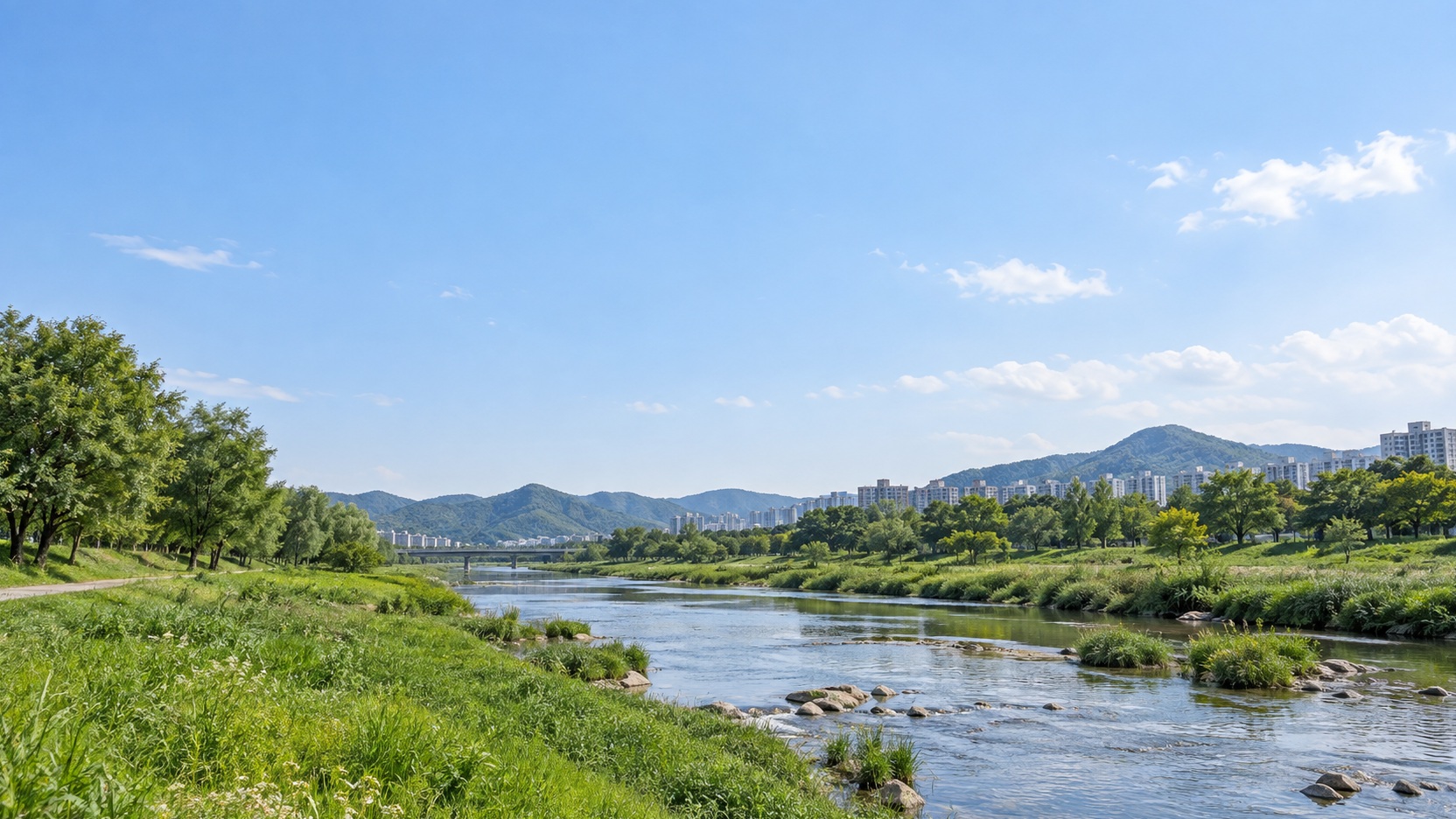 전주시 완산구의 내륙 도시와 하천·주변 산지 특성을 참고한 AI 생성 가상 지역 분위기 이미지. 실제 장소나 학교·학원 건물의 사진이 아닙니다.