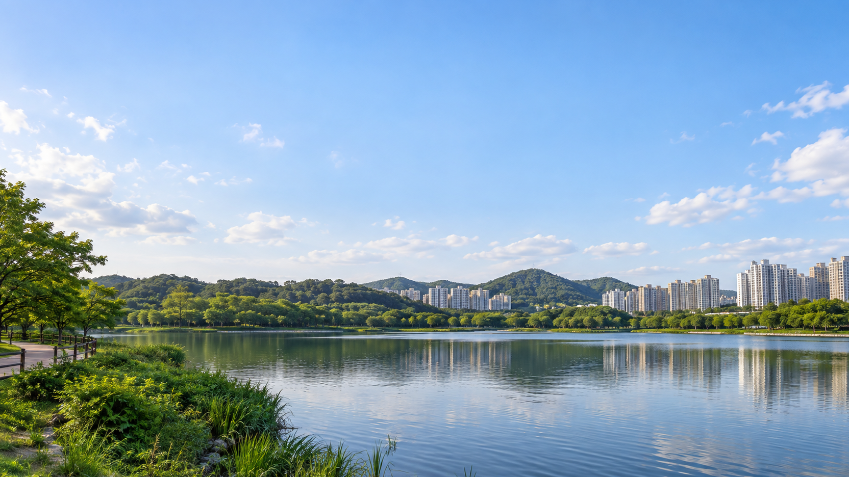 광주광역시 서구의 호수·녹지·도시 주거 환경을 참고해 만든 가상 지역 장면으로, 실제 장소나 학교·학원 건물을 촬영한 사진이 아닌 AI 생성 분위기 이미지입니다.