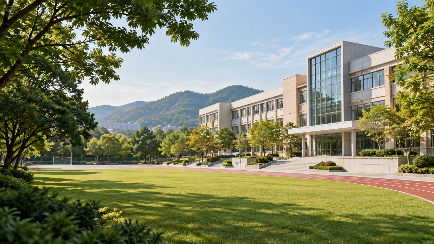 녹음과 운동장이 어우러진 학교 캠퍼스 자료 이미지